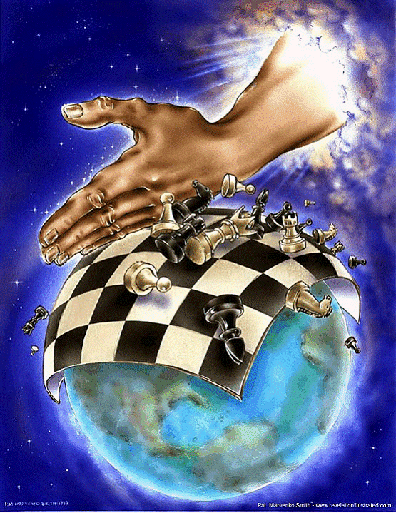 God's hand over chess board